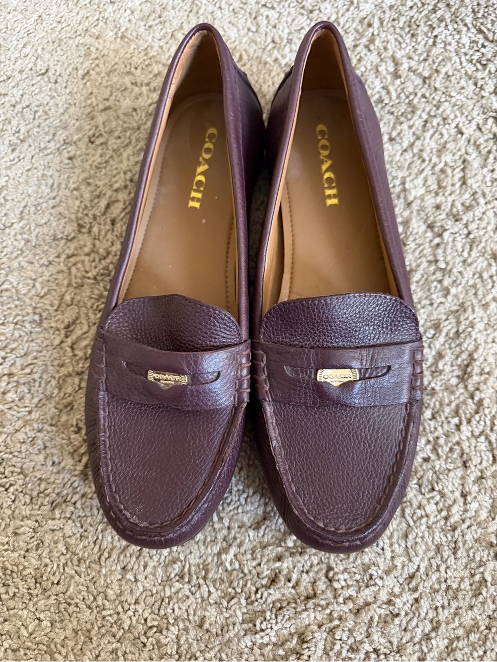 Coach Women's Dark Burgundy Leather Penny Loafers with Gold Accent